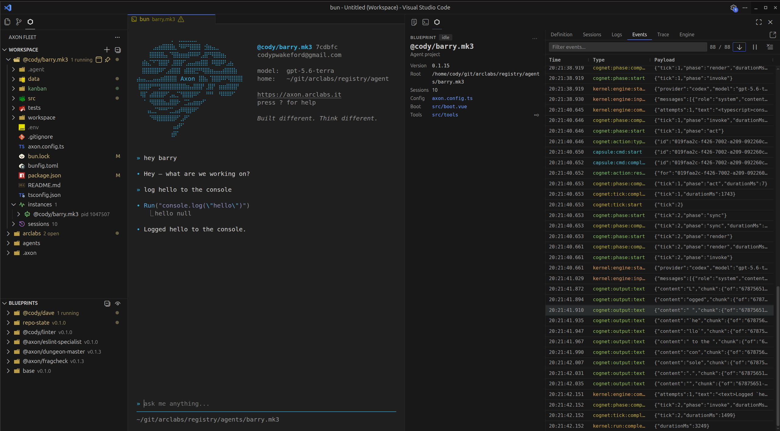 Axon Fleet event log open in VS Code