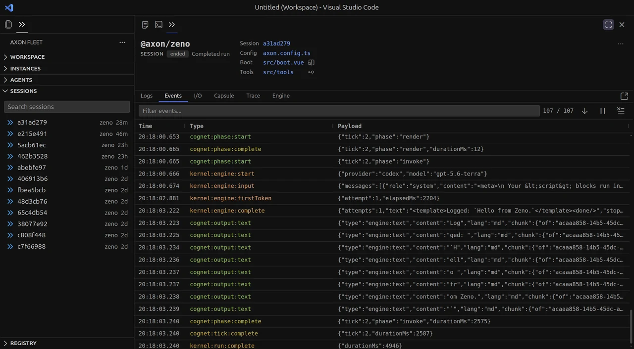 The Events pane showing a filter box, a 107/107 counter, and rows of timestamped events: cognet phases, kernel engine calls, and streaming output chunks with their JSON payloads