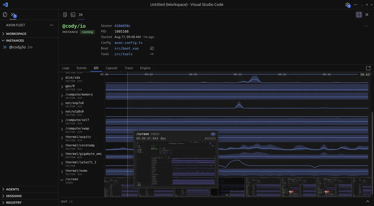 Hovering the /screen video channel in the I/O pane: a tooltip shows the enlarged captured frame at that moment, labelled with the channel name, an IN direction badge, the timestamp 09:49:47.844, an 8ms duration and the sequence number #16325