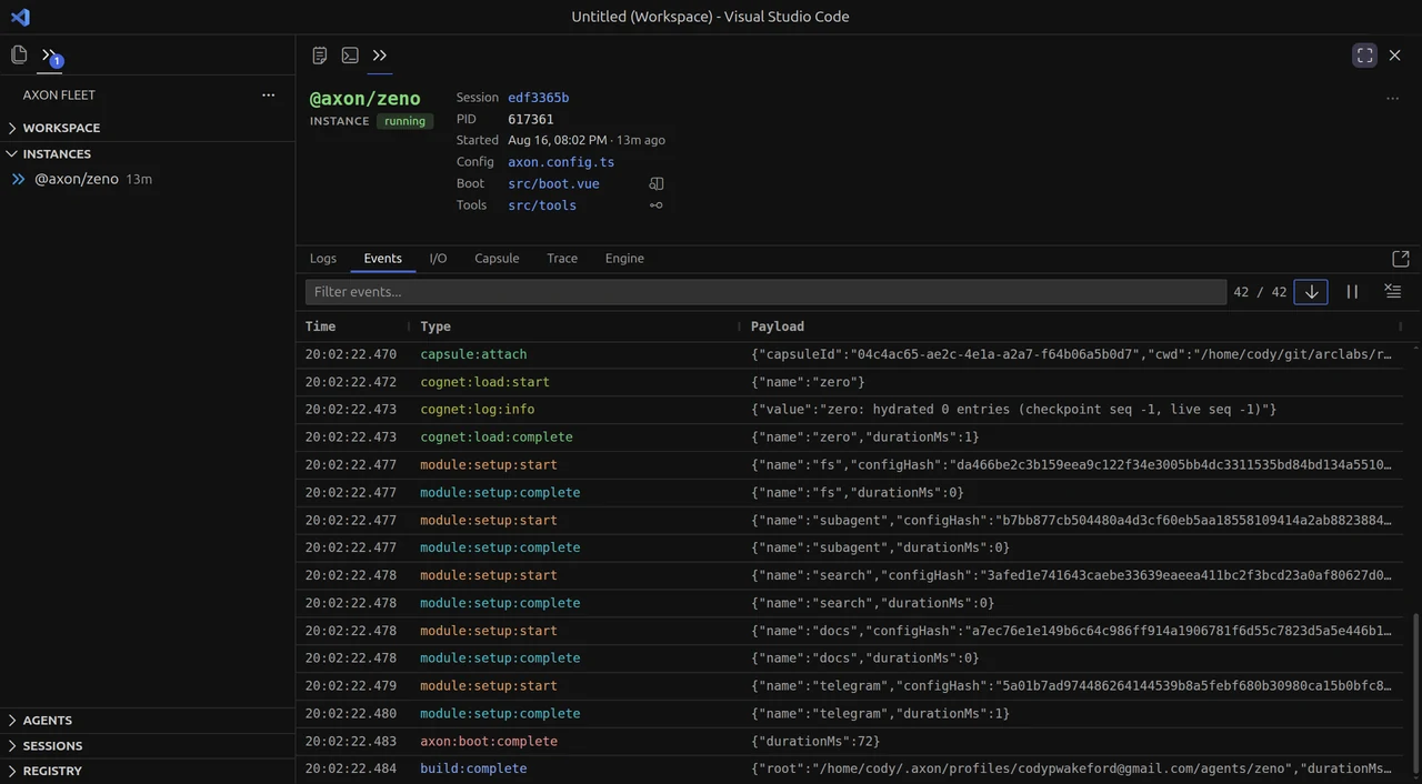 An instance selected in the Instances drawer, its identity — session, PID, start time, config, boot and tools — above the console's six tabs