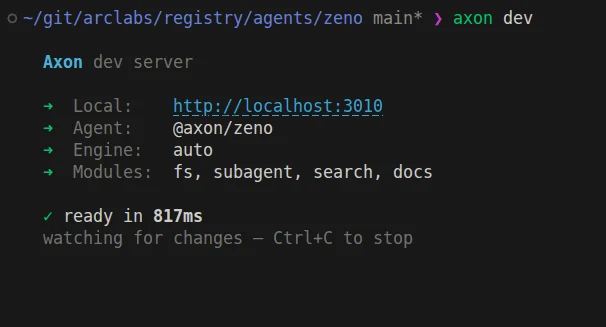 axon dev printing the Axon dev server banner: local URL localhost:3010, the agent @axon/zeno, engine auto, its loaded modules, ready in 817ms, and watching for changes
