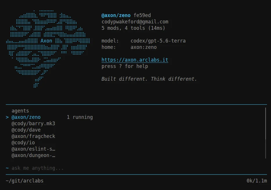 The agent palette listing @axon/zeno marked '1 running', with @cody/barry.mk3, @cody/dave, @axon/fragcheck and others beneath