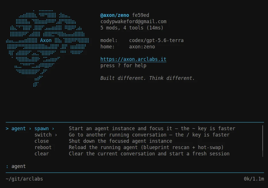The command palette descended into the agent group, breadcrumb reading 'agent › spawn ›', listing spawn, switch, close, reboot and clear with descriptions