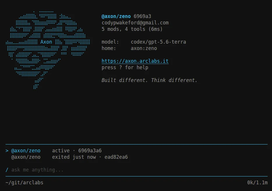 The instance palette showing two instances of @axon/zeno, one 'active' and one 'exited just now', each with its instance id