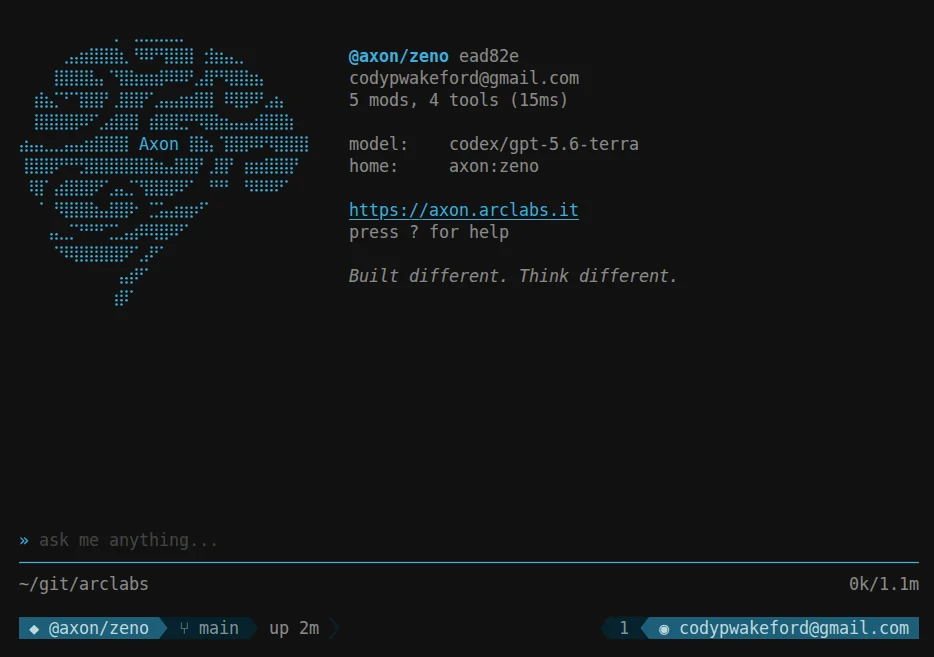 A powerline status line beneath the input bar, carrying the agent name and git branch on the left and the account on the right