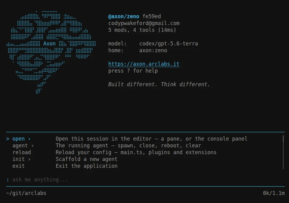 The command palette open at the top level showing open, agent, reload, init and exit with descriptions