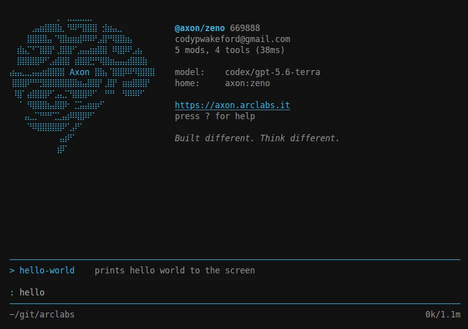 The command palette filtered to 'hello', showing a user-defined hello-world command described as 'prints hello world to the screen'
