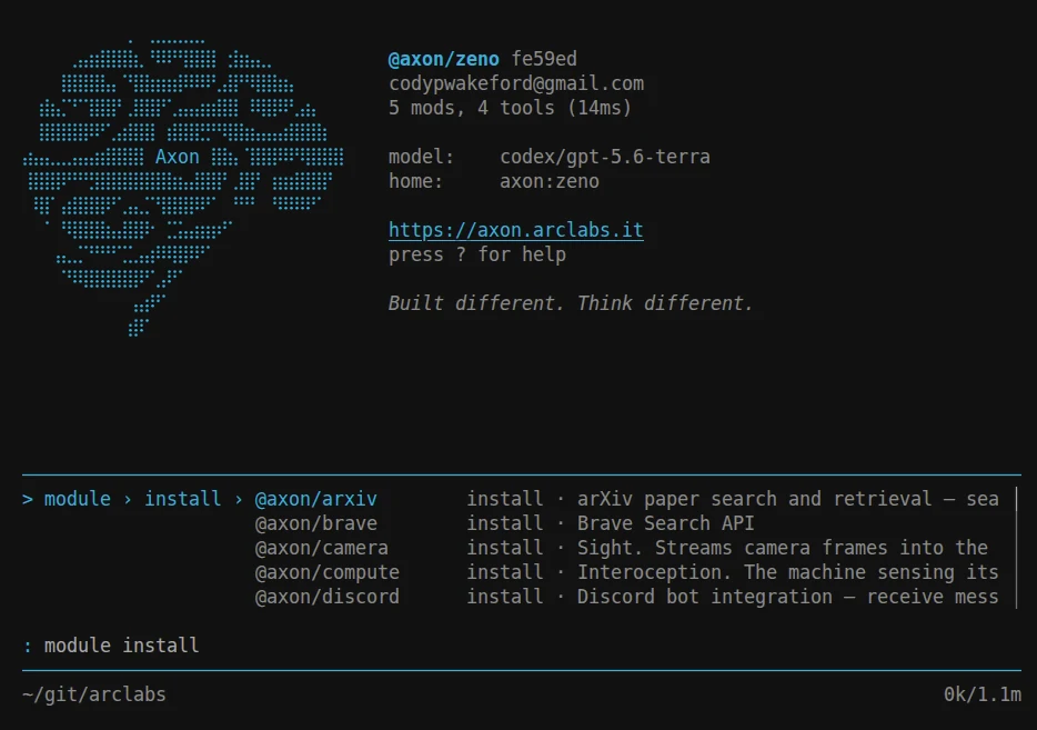 The module install palette showing registry modules @axon/arxiv, brave, camera, compute and discord with their descriptions