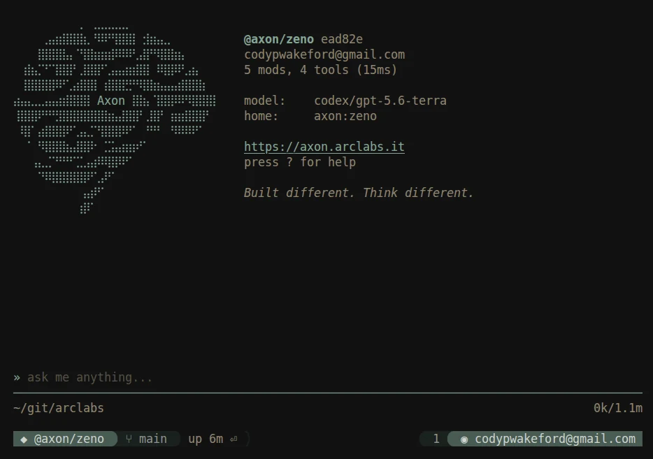 The terminal in warm Gruvbox greens with a rounded powerline bar beneath the input, showing agent, branch and uptime