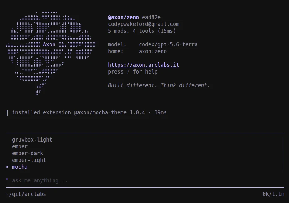 A notification reading 'installed extension @axon/mocha-theme 1.0.4 · 39ms' above the theme palette with mocha now focused in the list