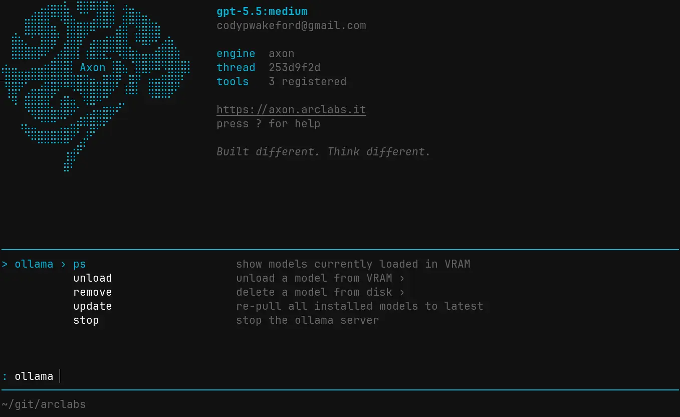 TUI command palette showing the ollama subcommand group with ps, unload, remove, update, and stop