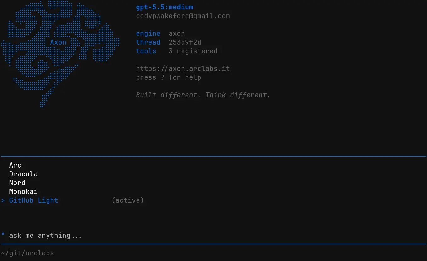 TUI theme palette open with the github-light theme active, showing live preview applied to the interface
