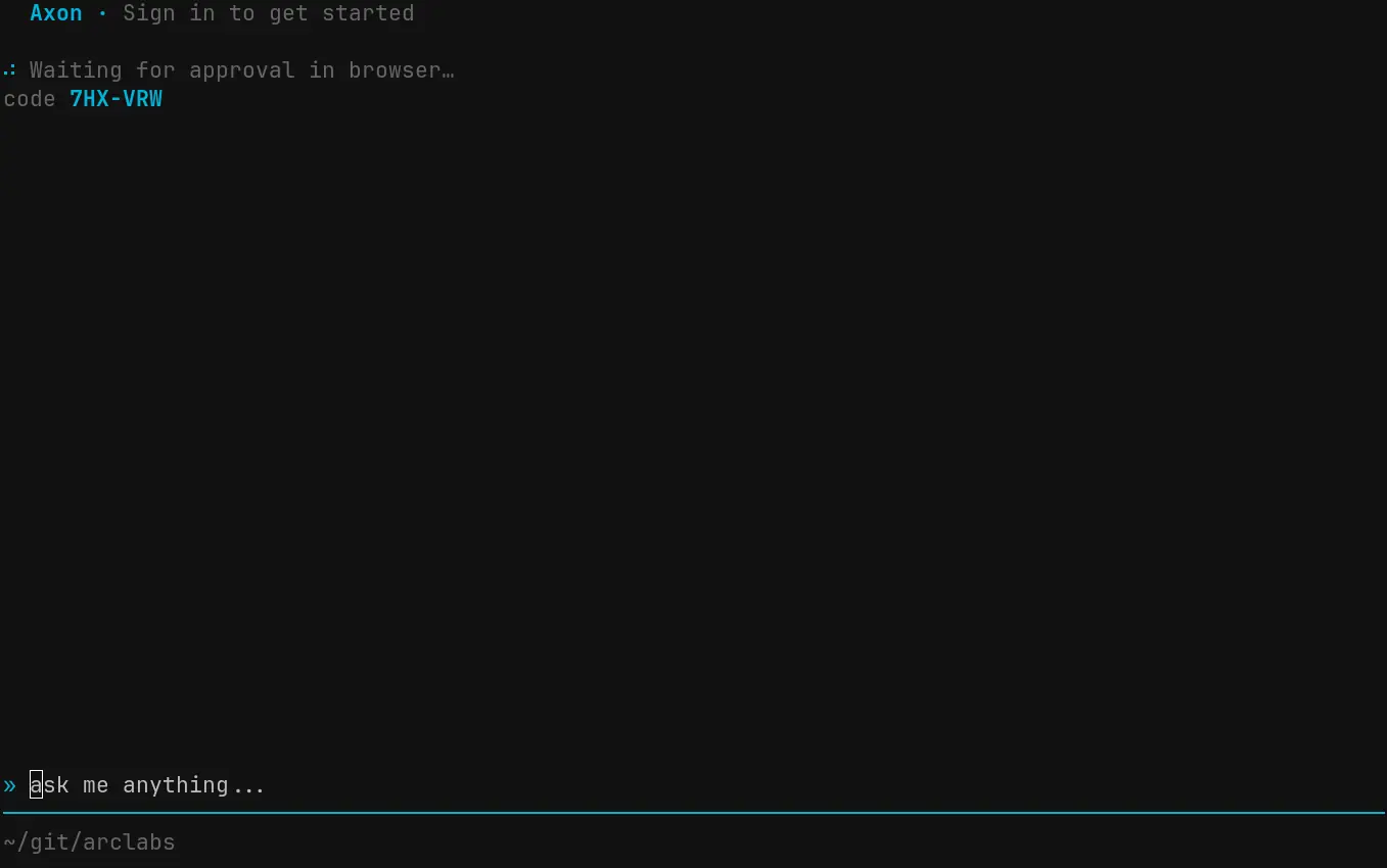 Axon TUI showing the device authorization flow with a code and URL to complete in the browser