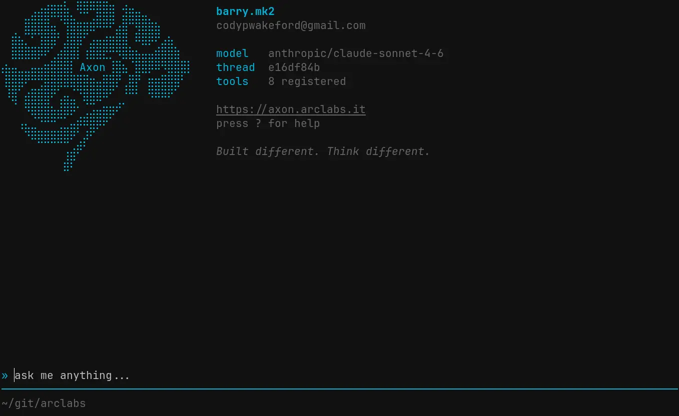 Axon TUI boot screen showing the Axon logo, agent name, model, thread ID, and tool count