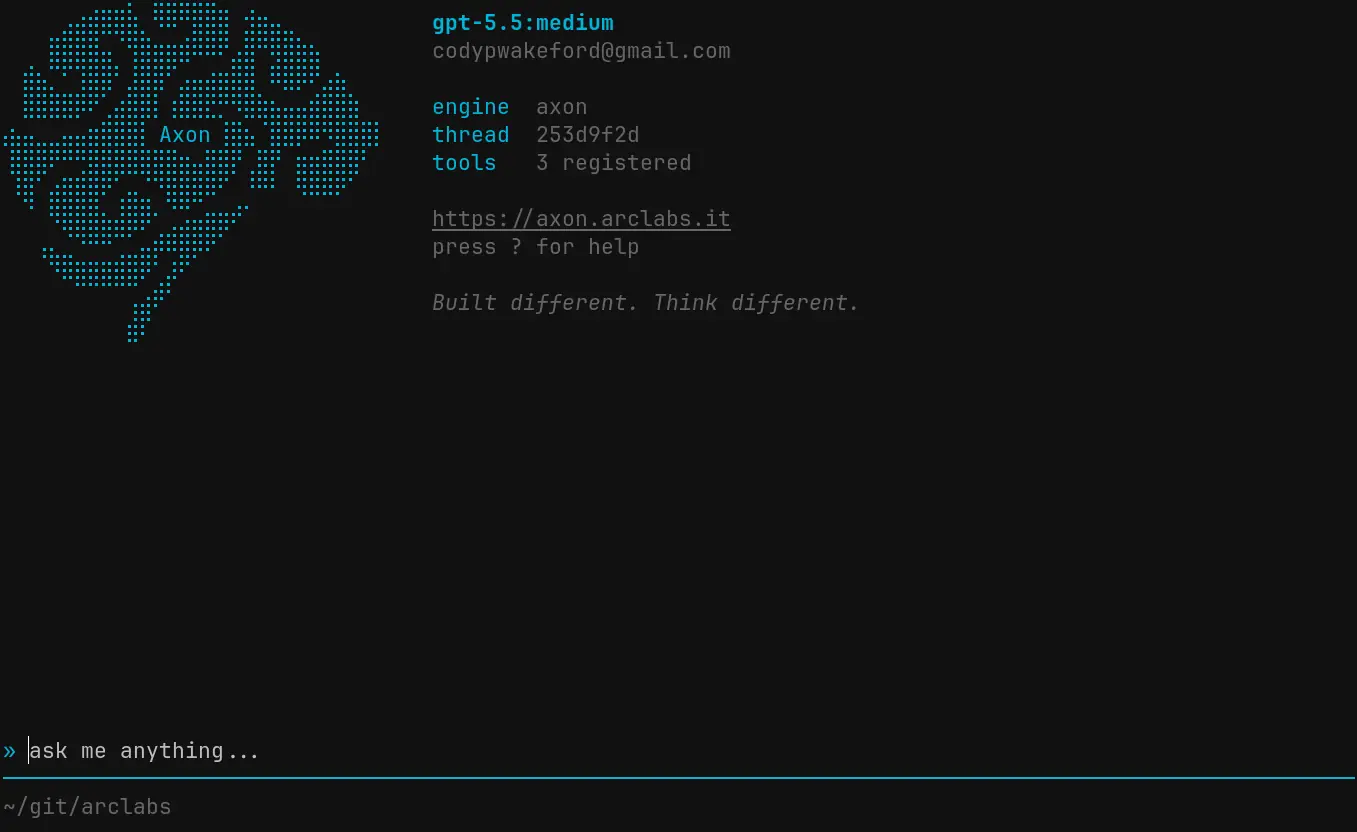 Axon TUI showing a connected agent ready for input with tool count and thread ID visible in the header