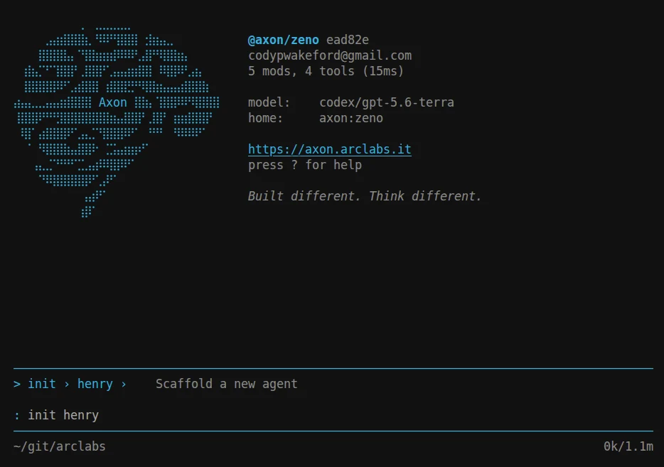 The command palette descended into init with the name 'henry' typed, described as 'Scaffold a new agent'