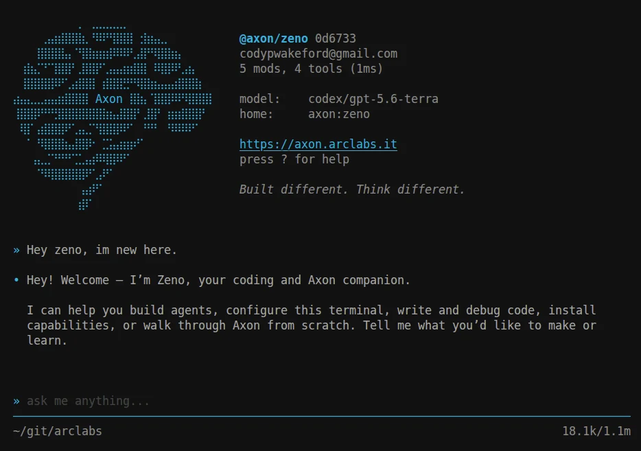 The Axon terminal: the agent @axon/zeno introduces itself, listing its model, its five modules and four tools, above a live conversation