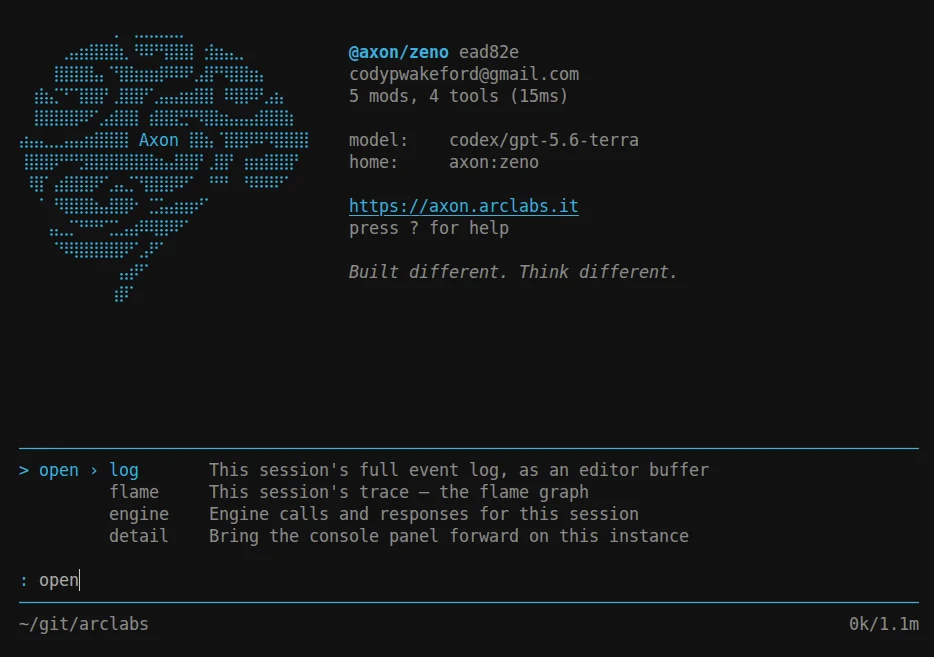 The open command group listing log, flame, engine and detail — the session's event log, trace flame graph, engine calls, and console panel