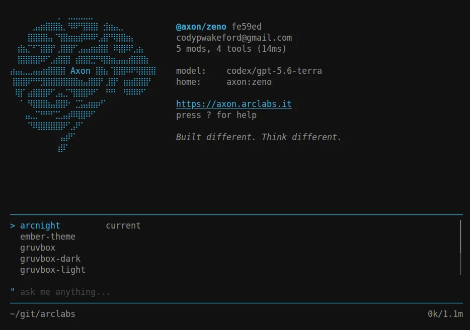 The theme palette listing arcnight marked current, ember-theme, gruvbox, gruvbox-dark and gruvbox-light