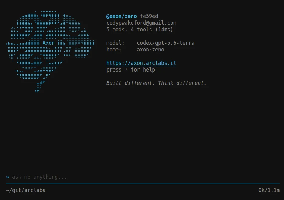 The Axon terminal after first boot, showing the braille logo, the agent @axon/zeno, its model, module and tool counts, and the input bar
