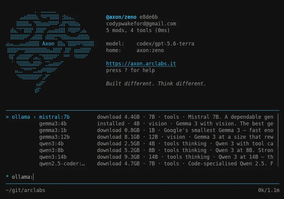 The ollama route listing local models — gemma3:4b marked installed, others showing download sizes from 0.8GB to 9.3GB — with parameter counts, capabilities and descriptions