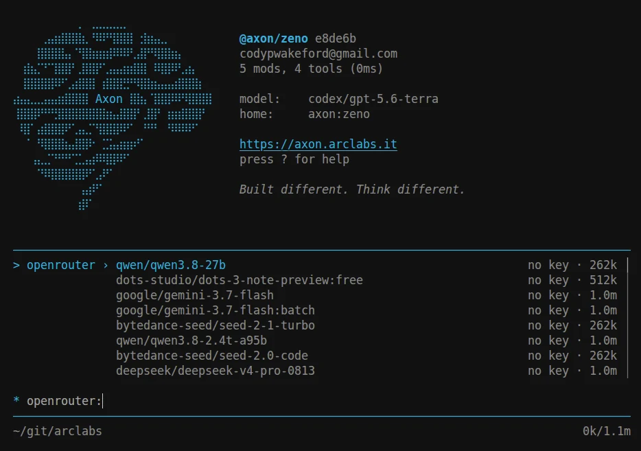 The openrouter route listing models from qwen, google, bytedance and deepseek, each row marked 'no key' beside its context window
