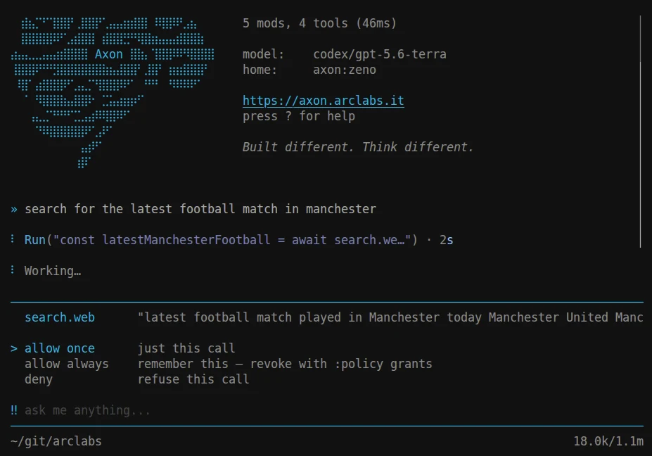 The terminal paused on a search.web call, showing the query and three choices: allow once, allow always, and deny